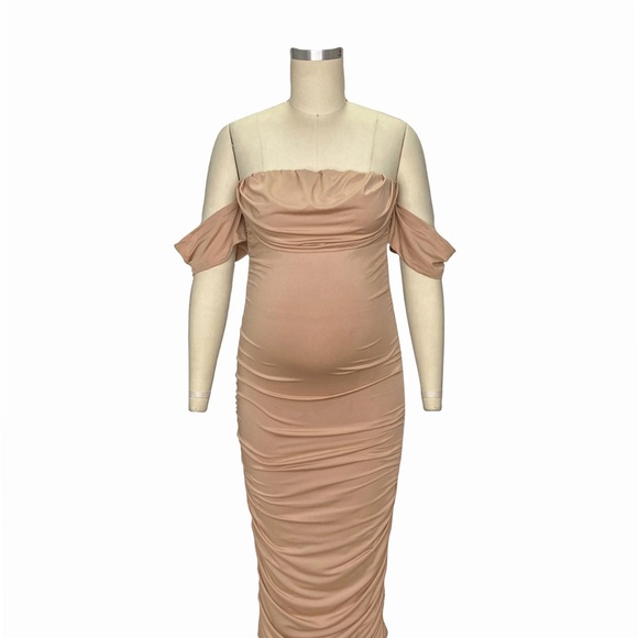 Momyknows Khaki Ruched Off Shoulder Maternity Dress - Picture 2 of 3